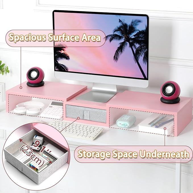 TEAMIX Pink Dual Monitor Stand Riser with Drawer - Length and Angle Adjustable Double Corner Desk Shelf Organizer 37 inch for 2 Laptop/PC/Screen/TV