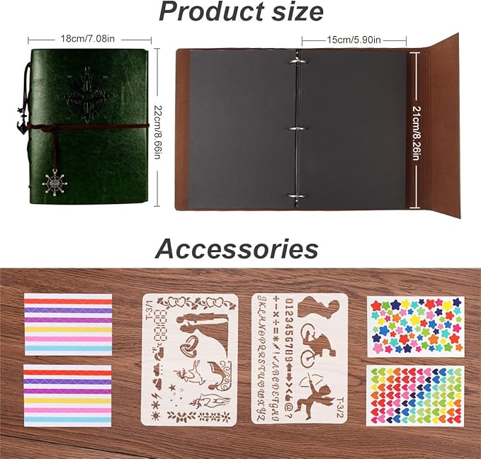 ThxMadam Green Scrapbook Leather Photo Album Vintage Wedding Guest Book Memory Book with 60 Black Pages Present for Valentines Anniversary Mother’s Day Birthday Gift for Teacher Student Kids Friend