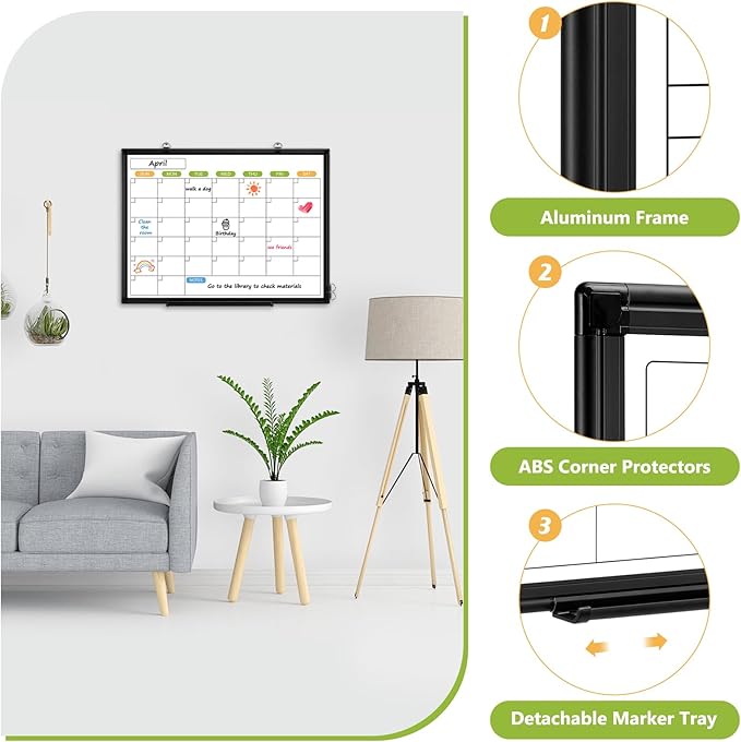 Dry Erase Calendar Whiteboard for Wall, 24" x 18" Magnetic Monthly White Board Calendar with Black Aluminum Frame, Double-Sided Hanging Dry Erase Board for Office, Home, School