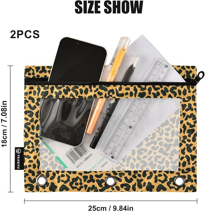 ALAZA Pencil Pouch for 3 Ring Binder, Animal Leopard Print Cheetah Binder Pencil Pouches with Clear Window Zipper Pencil Case Cosmetic Bags for Office College Supplies, 2PCS