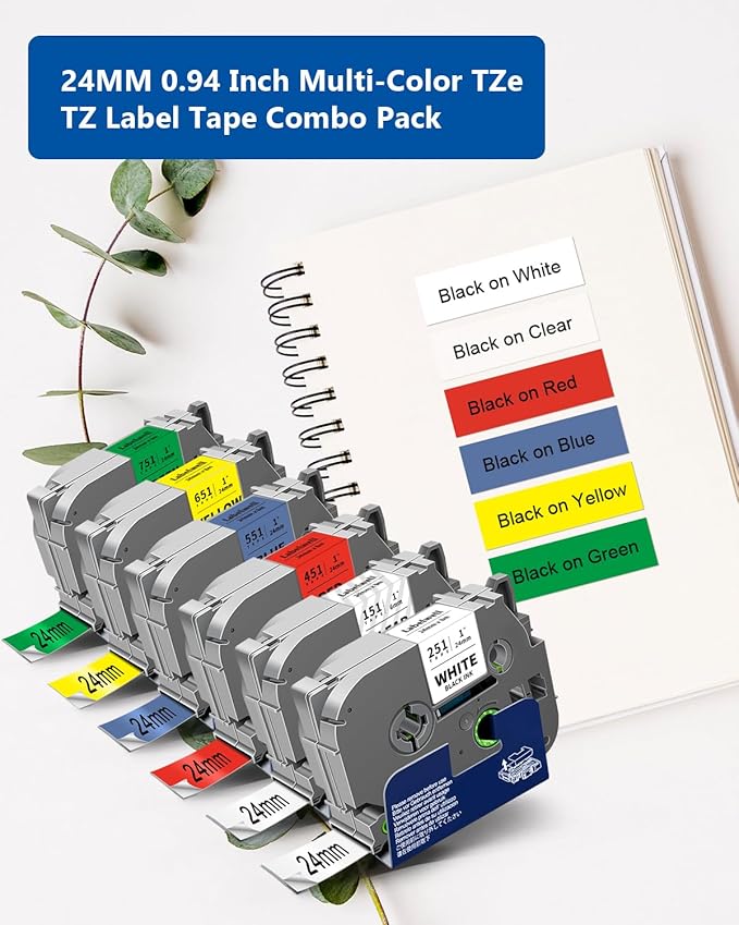 6-Pack TZe 24mm 0.94" Laminated Compatible for P Touch 1 Inch TZ Label Tape TZe-151 251 451 551 651 751 for Ptouch PT-D600 P700D 410 D610BT P710BT, Clear/White/Red/Blue/Yellow/Green