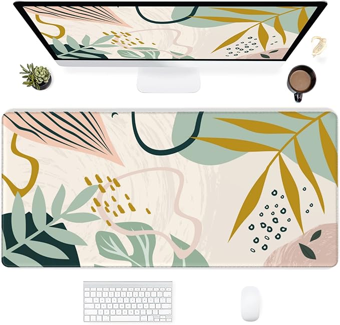 Desk Mat,Tropical Leaves Summer Plants Extended Gaming Mouse Pad for Office Work & Game,Computer Keyboard Mouse Mat Desk Non-Slip Rubber Base Large Mousepad with Stitched Edges, 31.5x15.7inch