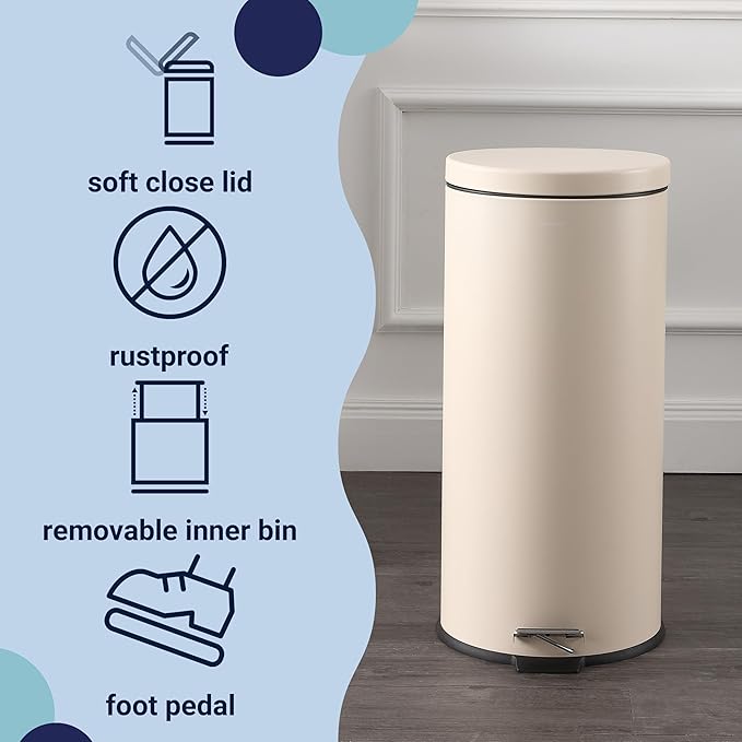 happimess HPM1000E Oscar 8-Gallon Step-Open Trash Can with Free Mini Trash Can, Modern, Fingerprint Proof for Home, Kitchen, Office, Large:7.9 Gallon Small:1.3 Gallon, Limestone Beige