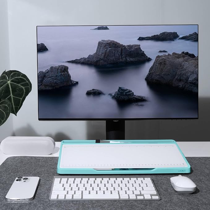 LOUKIN Glass Desktop Whiteboard, 15.3" x 5.6" Dry Erase Desk Board with Dotted and Graduated Surface, Desktop Buddy, Great for Design and Drawing, 3 Markers and 1 Dry Erase Eraser Included (Sky Blue)