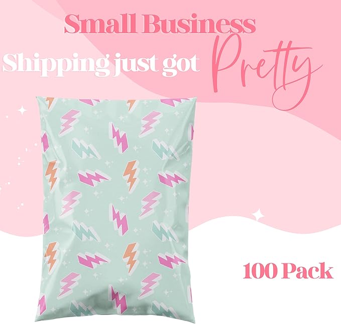 10x13 Designer Poly Mailer 100 Pack Heavy Duty Waterproof Self Seal Shipping Bags for Small Business Large Mailing Envelopes Bulk Tear Resistant Cute Packaging Lightning Bolt