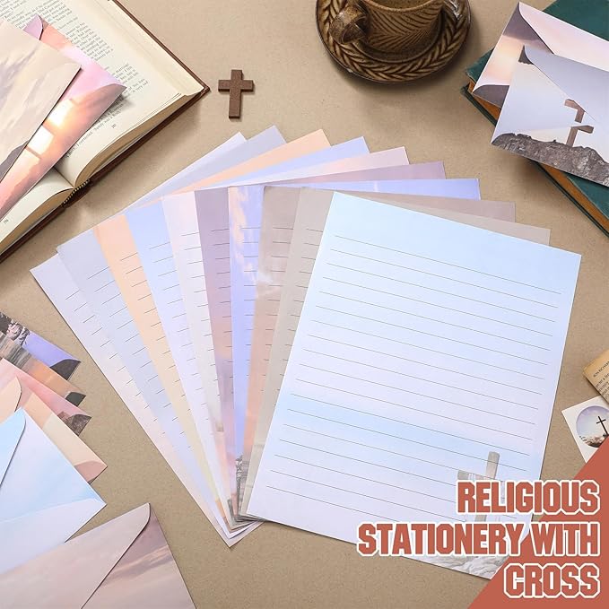 TaoBary 160 Pcs Stationery Paper Set 50 Double Sided Stationery Papers with 50 Matching Envelopes and 60 Round Dot Sticker, 10 Design(Religious Letter with Cross,8.5 x 11 Inch)