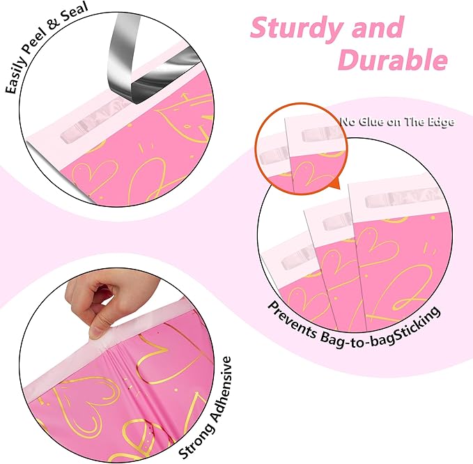 Thank You Poly Mailers 6x9 Inch 100 Pcs - Heart printed Shipping Bags, 2.4mil Thickness, Waterproof and Tear Resistant Mailing Envelopes, Self-Sealing Packaging Bags for Clothing