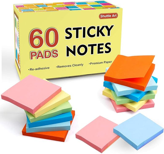 Sticky Notes, Shuttle Art 60 Pads Bright Stickies, 6 Assorted Colors, 3x3 Inches, 100 Sheets/Pad Sticky Pads for Home, School, Office