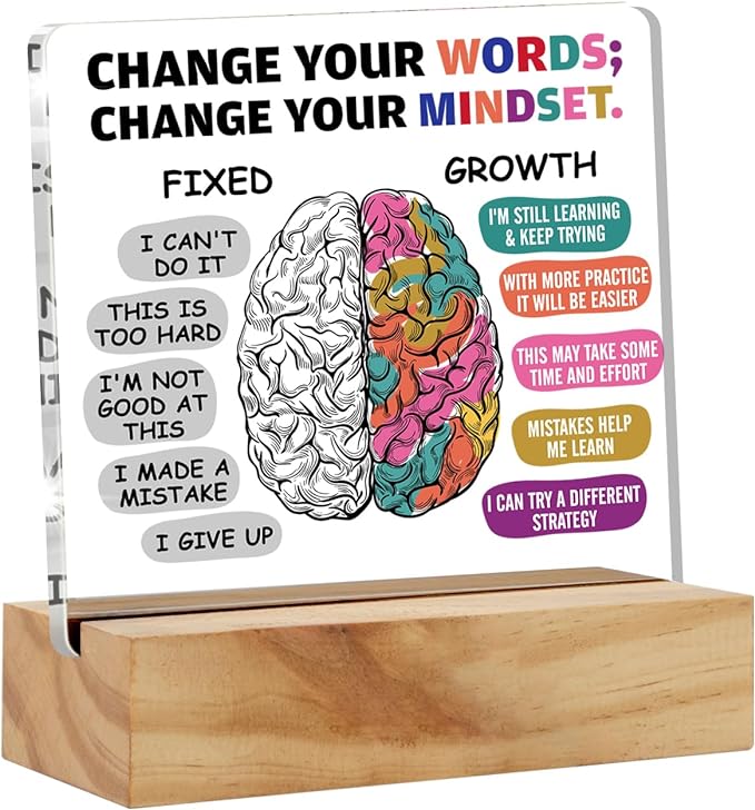 Positive Gifts for Her & Him: Encouragement Growth Mindset Acrylic Desk Plaque Sign with Wood Stand - Keepsake Present
