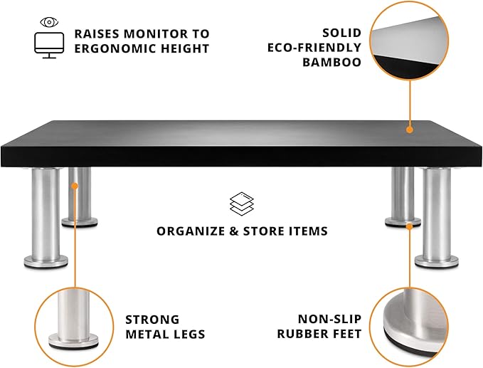 The Original Bamboo Monitor Stand (As Seen On PBS) - Monitor Riser for Computer Screen or Laptop - Desk Shelf Adds Storage Space and Improves Ergonomics - Black