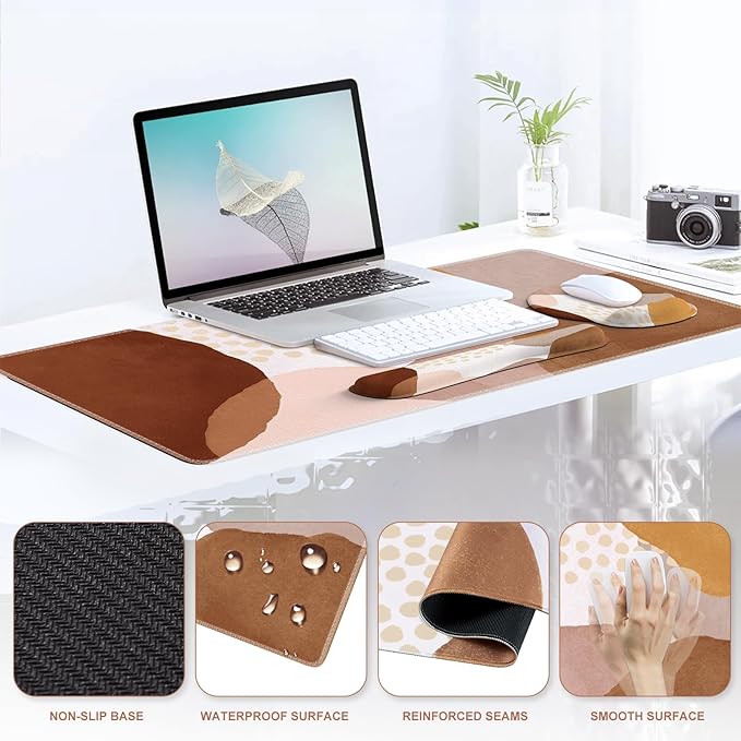 iCasso Desk Mat, Gaming Mouse Pad Wrist Support Set, XXL Large Mousepad + Keyboard Wrist Rest+Mouse Wrist Rest+Coastert with Ergonomic Design for Home Office Computer (C-Four-Coffee-Color-Block)