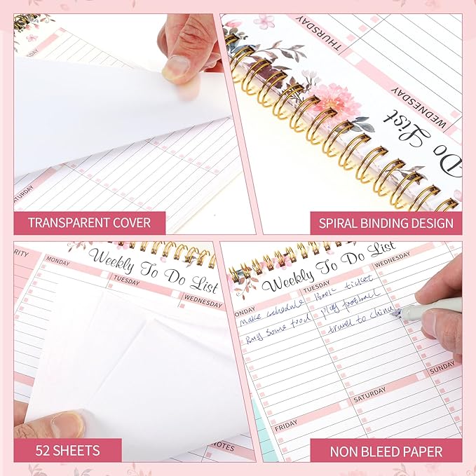 Weekly To Do List Notepad with 52 Undated Sheets, 8.5"×11" Weekly Desk Planner Undated Weekly Planner with Spiral Bound for Women & Man Home School and Work, Pink