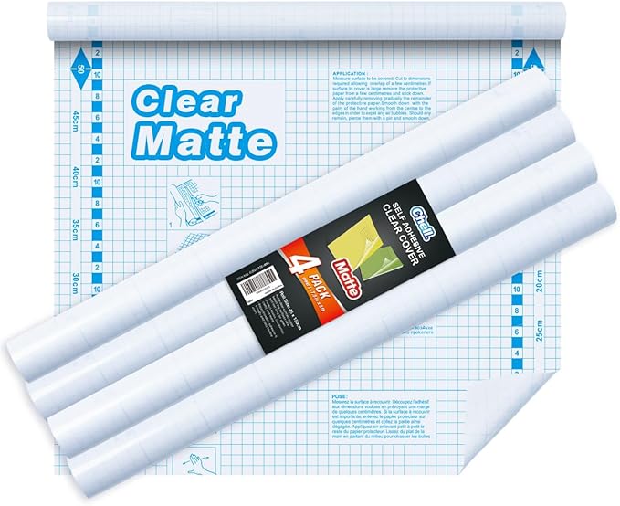 Chell 4 Pack Matte Clear Contact Paper Roll for Books, Crafts and Countertops, Self Adhesive Book Cover, 17.5 in x 5 ft