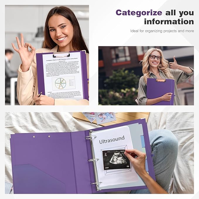 Ospelelf 3 Ring Binder, 2 Inch, Cute Letter Size (11" x 8.5") with 5 Tab Dividers, File Folder Labels and Low Profile Clipboards, Purple Binder for School and Office Supplies