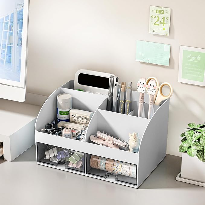 Desk Organizer with 6 Compartments and 2 Drawers, Plastic Makeup Organizer, Pen Holder for Desktop Storage, Desk Organization for School, Home, Office Supplies (Grey)