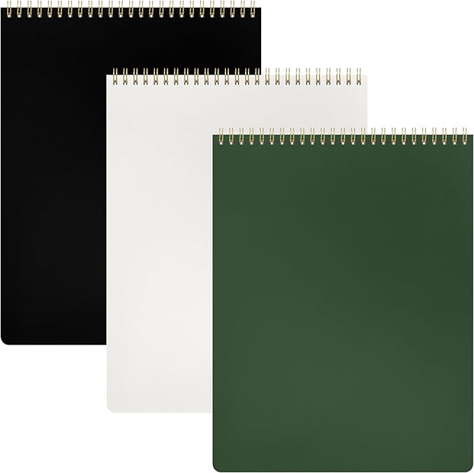 PAPERAGE Top Bound Spiral Notebook, 3 Pack, Lined Notepad, (Black/Dark Green/Grey), 70 Sheets (140 Pages) Per Notebook, Wide/Legal Ruled, 8.5 inches x 11 inches