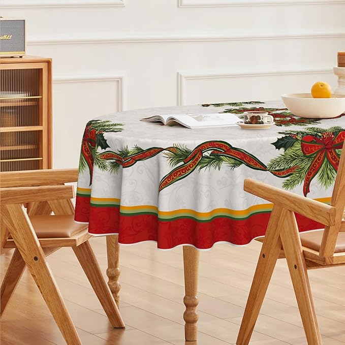 Horaldaily Christmas Tablecloth 60×84 Inch Oval, Poinsettia Golden Ribbon Washable Table Cover for Party Picnic Dinner Decor