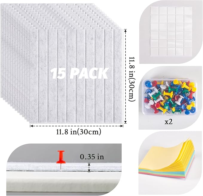 Large Cork Board Alternative, 15 Pack Felt Board with Safe Removable Adhesive Tabs Felt Wall Tiles, Large Cork Boards for Walls, Cork Board for Home Office, Pin Boards for Walls, Stripe Marble White