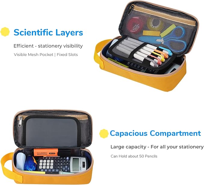 ECHSRT Pencil Case for Men Women, Large Pen Bag for Adults, Portable Pencil Pouch Aesthetic with Handle, Zipper Cases for Office Organizer Yellow for Girls