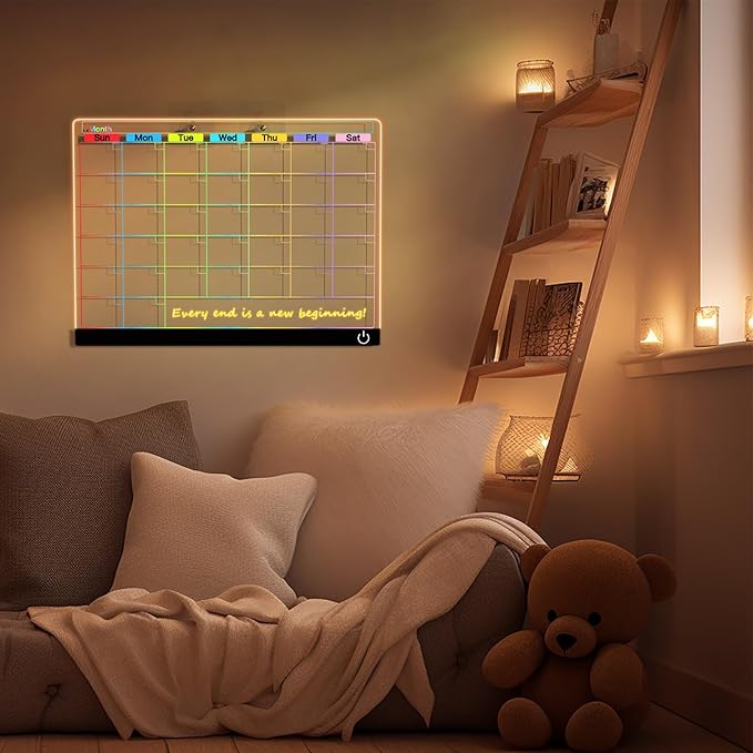 Acrylic Dry Erase Board Calendar with Light, 13.7"X10" LED Note Board with 6-Color Neon Glow Memo Monthly Planning Board for Gift/Room/Office/Wall with Stand, 7 Markers, Black