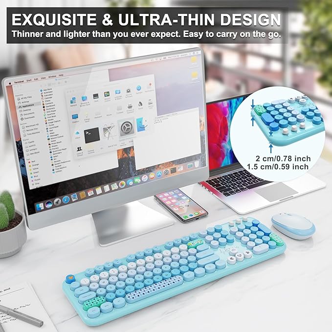 Wireless Keyboard and Mouse Set, 104 Round Keys Full-Size Cute Colorful Keyboard and Mouse with Retro Typewriter for PC/Mac/Laptop/Tablet/Computer/Windows Blue