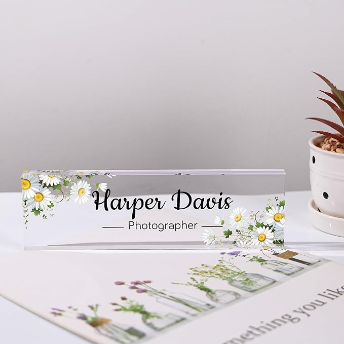 Custom Name Plate for Desk, Personalized Acrylic Office Name Sign with Name & Title, Elegant Desk Decor for Women Men, Employee Appreciation Gift (Sunflower)