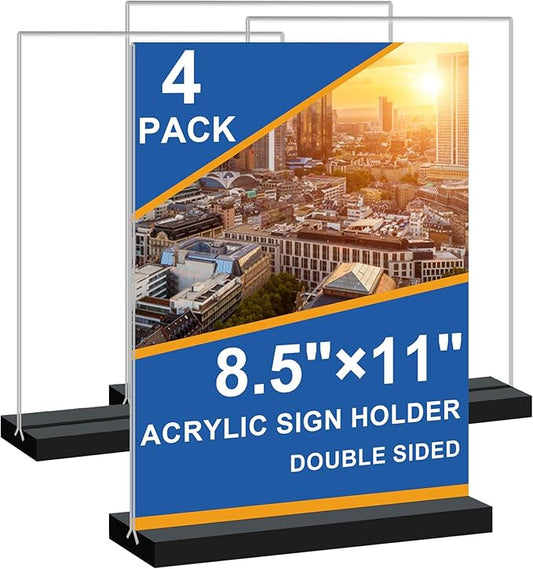 8.5x11 Acrylic Sign Holder Vertical Double-sided Tabletop Sign Holder with Black Base, Plastic Picture Frame Paper Holder, Clear Menu Display Stand for Office Restaurant Store Home 4 pack