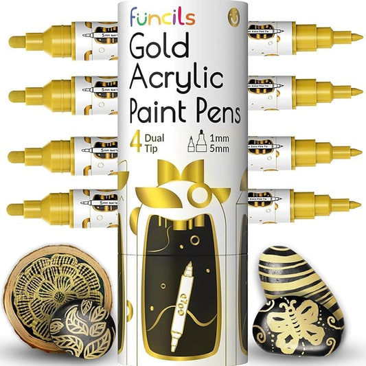 4 Dual Tip Gold Paint Pen Metallic - Fine Tip & Medium Acrylic Paint Markers - Gold Marker for Metal, Wood, Rock Painting, Canvas, Ceramic, Glass, Fabric, Leaf and Plastic - Water-based Ink