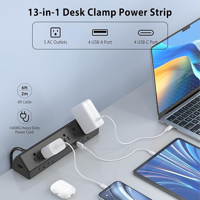 Jgstkcity Desk Clamp Power Strip,45W Fast Charging Station,4 USB-C,4 USB-A,Desk Mount Surge Protector,1875W Extension Cord with Multiple Outlets,ETL Listed,for Home Office Dorm Room