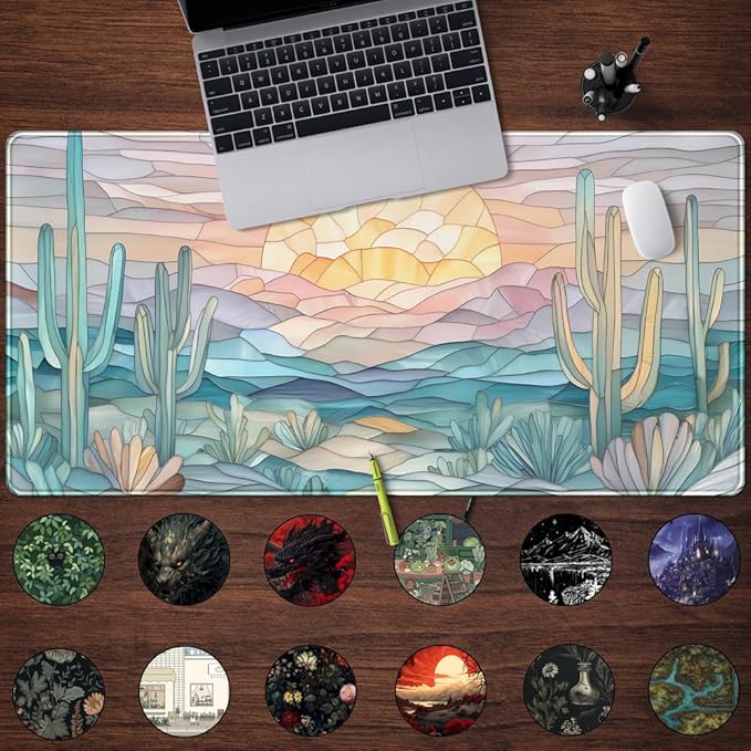 Desk Mat Gaming Abstract Ocean Desk Pad Large Mouse and Keyboard Pad, Faux Stained Glass Sun & Waves Mouse Mat XXL Desk Protector, Computer Mats for Desktop Sun & Waves Office Decor 31.5" X 15.7"