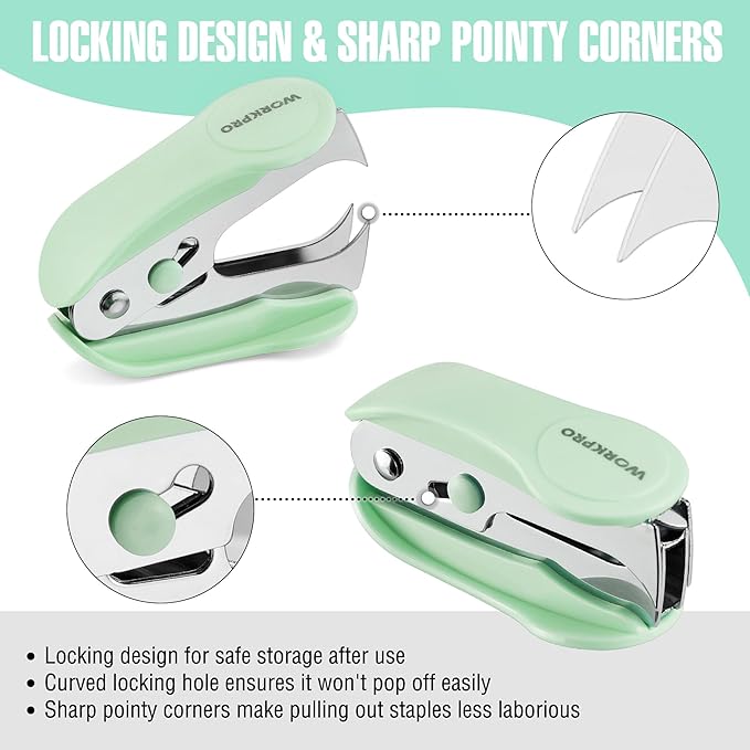 WORKPRO Small Stapler with Staples, Green Stapler Set Includes Two Mini Staplers, One Staple Remover, 2000 Standard Staples - Cute Staplers for Desk with Non-Slip Base, Lock Design, Portable