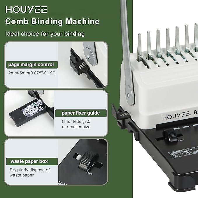 HOUYEE Manual Comb Binding Machine,19 Holes, 450 Sheets,Paper Punch Comb Binder Machine with 50 PCS 1/2" Comb Binding Spines, Fit for Letter Size Paper