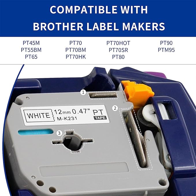 5 Pack M-K231 M Tape 12mm Compatible with M-K231s Brother Label Tape Black on White 0.47 Inch for P Touch PT-M95 PT95 PT65 PT-65 PT70 PT85 PT90 Label Maker Tape Refill