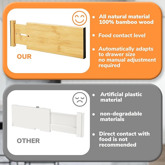 BAMEOS 4" High Bamboo Drawer Dividers - Adjustable Small Drawer Organizer - Kitchen, Dresser, Bathroom, Bedroom & Office - 4-pack
