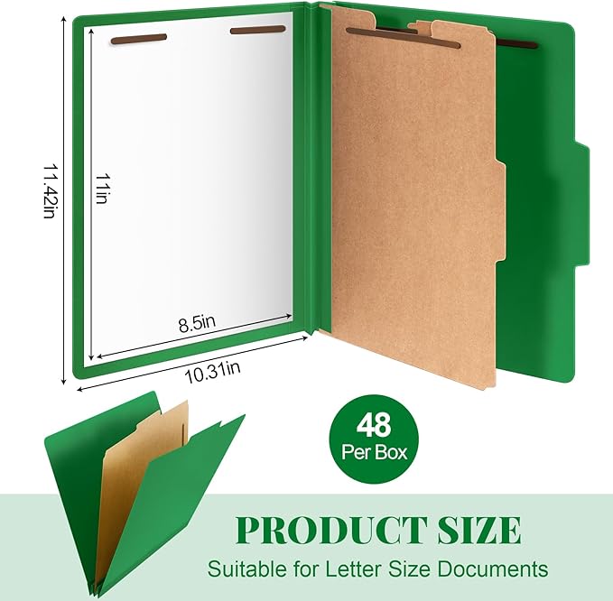 Skyygemm 48 Pcs Classification Folders Letter Size, Back to School Supply for Teacher, Student, 1 Divider Pressboard File Folder Bulk with 2 Fasteners, 3.5 Inch Expanding File Organizer (Dark Green)