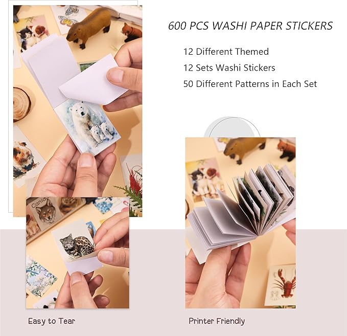 12 Sets 600 Sheets Washi Stickers Book for Journaling, Jungle Animal Sticker, Wild Zoo Sea Animal Aesthetic Scrapbook Dinosaur Sticker Set for Bullet Journal Card Craft Gift Rewards for Kid Notebook
