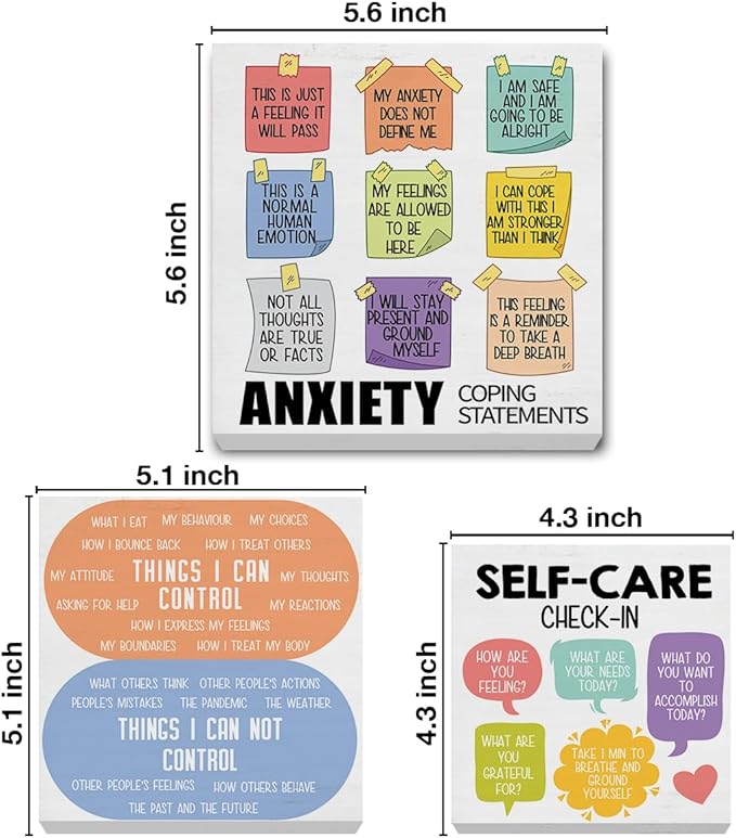 3 Pcs Mental Health Wood Signs Decor Psychology Wood Block Signs Anxiety Coping Statements Things I Can Control Self Care Wooden Box Signs Home Therapy Office Decorations for Tiered Tray Desk Shelf