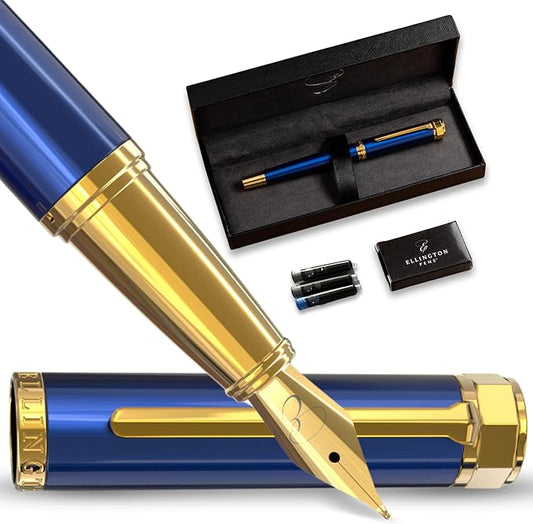 Luxury Fountain Pen Set- Fountain Pens for Writing - Smooth Fine Nib - Includes Refillable Ink Converter, 3 Ink Cartridges [Black & Blue], Gift Box - Elegant Calligraphy