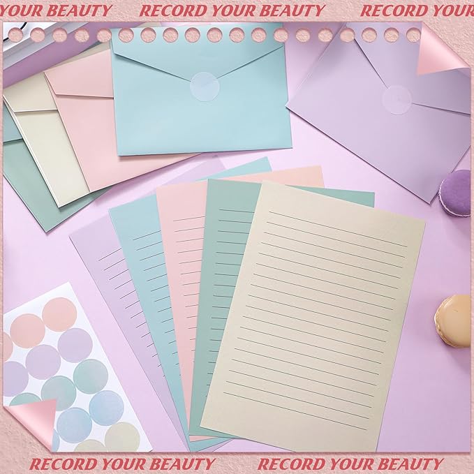 100 Pcs Stationery Lined Stationery Paper and Envelopes Set Includes 50 Letter Writing Paper and 50 Envelope for Office, 5.5 x 8.25 Inch(Pastel)