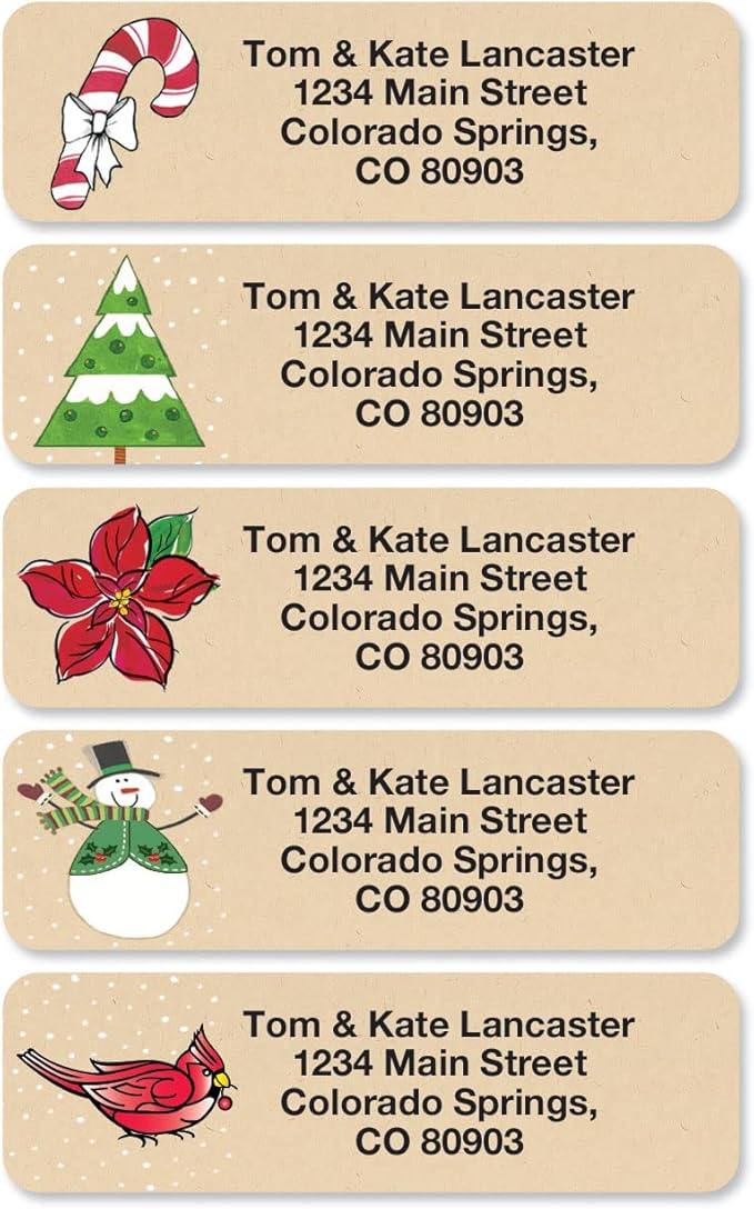 Krafty Christmas Rolled Personalized Return Address Mailing Labels with Dispenser, Set of 250, 5 Designs, Small ¾ x 2½ Inch Size, Custom Self-Adhesive Sticker Roll, by Colorful Images