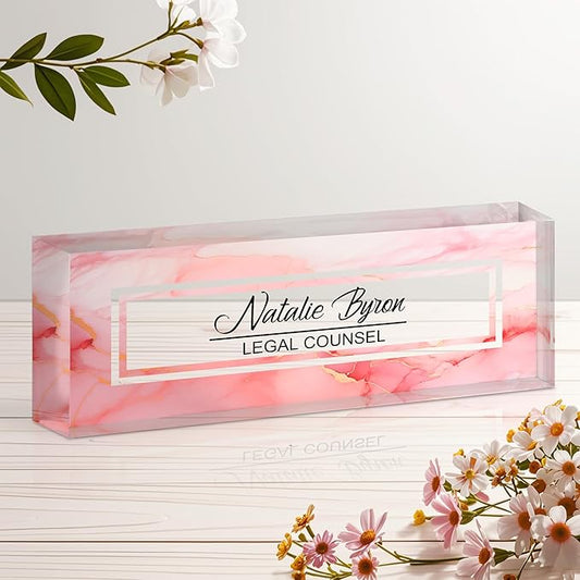 Ship Next Day Personalized Name Plate for Desk, Custom Acrylic Desk Name Sign, Office Appreciation Gifts for Women Men Coworkers Boss Teacher Employee (Pink Marble)