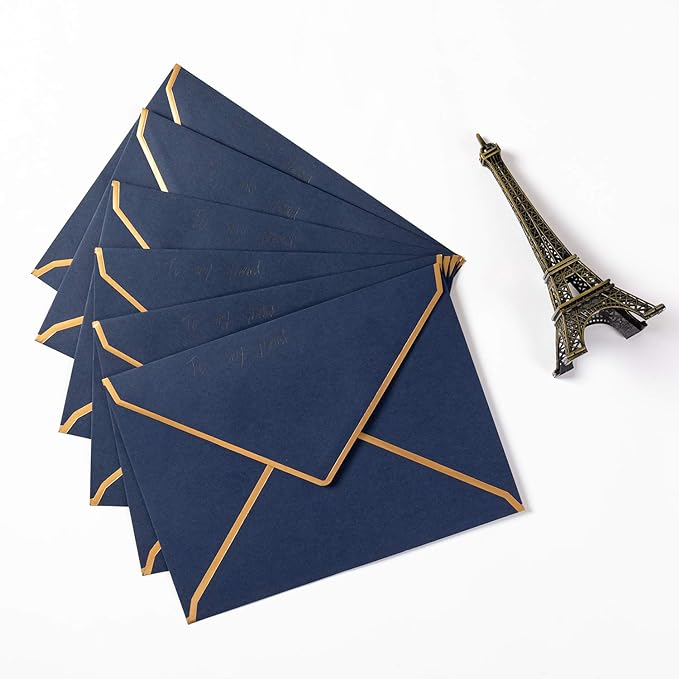 100 Pack Navy Blue A7 Envelopes 5 x 7 Card Envelopes V Flap with Gold Border for Office, Wedding Gift Cards, Invitations, Graduation, Baby Shower, Parties (5.32 x 7.28 Inches, Navy Blue)