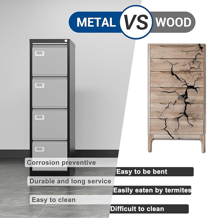 File Cabinets - 4 Drawers Vertical 17.8" Deep Lockable Filing Cabinet - Black & Gray Metal Storage Cabinets for Home Office to Hanging Files Letter/Legal/F4/A4 Size