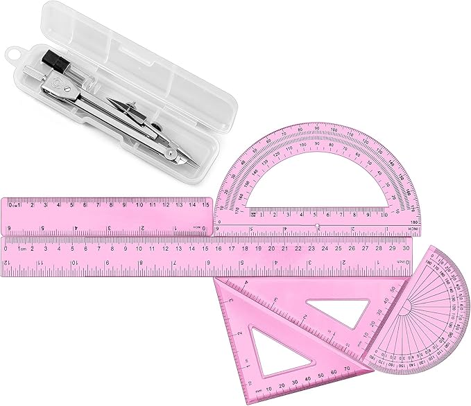 Zonon 1 Set Plastic Geometry Math Set Includes Drawing Compass, 6 Inch 4 Inch Protractor, 45/60 Degree Triangle Rulers 12 Inch 6 Inch Math Ruler Transparent for Office Supplies (Pink)