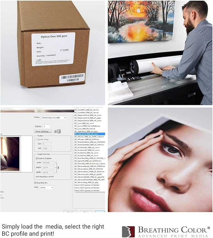 Optica One is a Luxurious 300 gsm Smooth Matte Fine Art Inkjet Paper Featured in a 36"x40' Roll; Its Bright White Color Makes It Ideal for Black and White and Color Prints. 100% Archival Certified