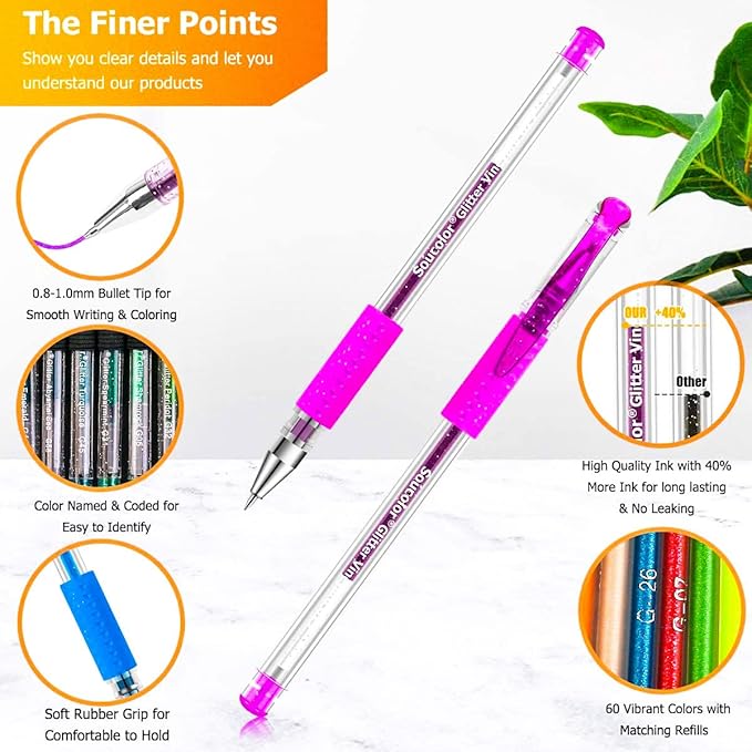 Soucolor Glitter Gel Pens for Adult Coloring Books, Back to School Supplies, 120 Pack-60 Glitter Pens, 60 Refills and Travel Case, 40% More Ink Markers Set for Drawing Doodling Journaling Art Supplies