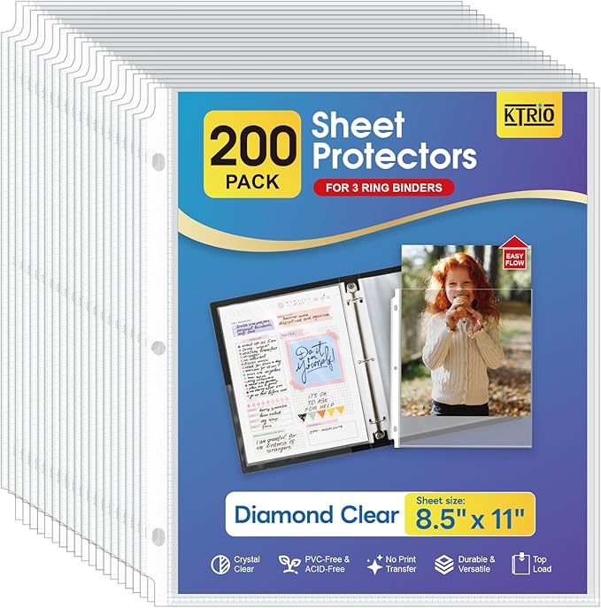KTRIO 200 Pack Sheet Protectors 8.5 x 11 inch, Clear Page Protector for 3 Ring Binder, Plastic Sleeves for Binders, Top Loading Paper Sheets Document Sleeve Letter Size, Office & Home
