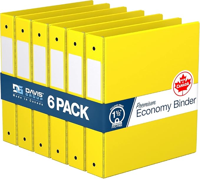 Premium Economy 6-Pack 3-Ring Binders for School or Office, Round-Ring Binders, 1.5 Inch, Yellow