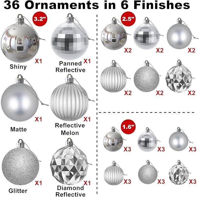 Silver Christmas Ornaments - Christmas Tree Decorations Shatterproof Hanging Balls for Birthday Wedding Holiday Decor Set of 36pcs, Multi-Sizes(1.6",2.5",3.2")