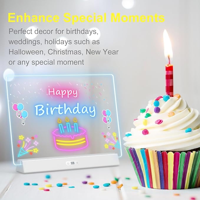 LED Note Board with Colors, Rechargeable 17-Inch Doodle Glow 9-Mode Light Up Desk Sign Letter Message Memo Drawing Dry Erase Board for Classroom/Home Decor/Office/Gifts, 5 Markers